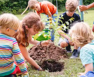 Kinder pflanzen gemeinsam etwas in Erde ein.